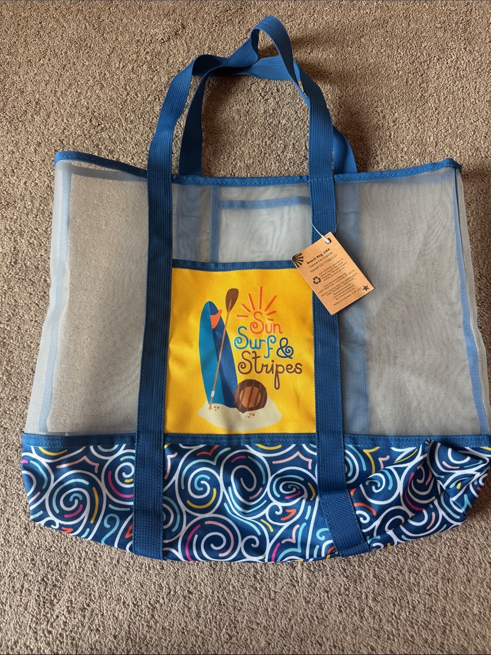Sun Surf & Stripes Mesh Beach Tote - Blue, Yellow, Multicolor